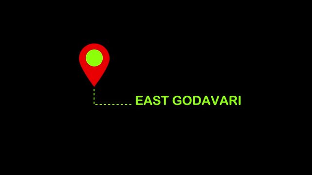 Red location pin with bright green dot and dashed line pointing to the words EASTGODAVARI in bright green text on a black background. Keywords: location, pin, map, marker, destination
