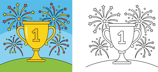 First place winner trophy cup with celebratory fireworks, colored version and black and white coloring book page vector illustration for kids