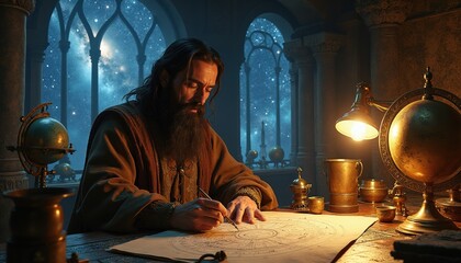 Obraz premium Old man with long beard draws celestial map by lamp light. He uses old tools and globes for study. Stars fill the night sky outside arched windows. Researching stars and universe.