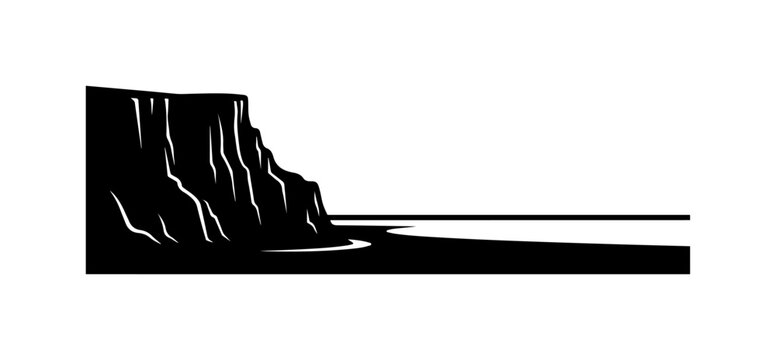 Black silhouette cliffside landscape vector, dramatic rocky shore, ocean waves, minimalist design element