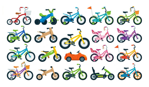 Kids bicycles and tricycles flat vector illustration set