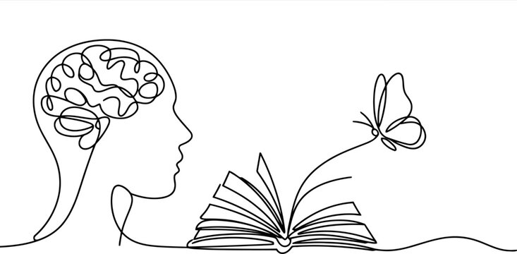 Human head profile with brain and open book with butterfly flying out continuous line Keywords: human head, brain