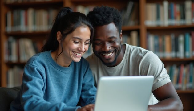 Couple sits in library looking at laptop screen. They smile sharing content on computer in front of bookshelf. Studying together learning something new or enjoying online fun.