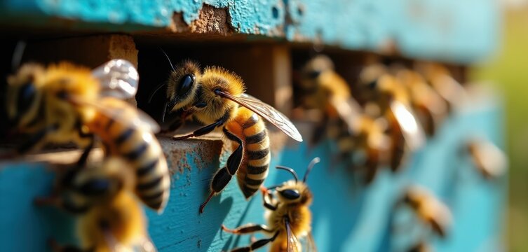 Honey bees enter hive entrance hole. Many insects work together building honeycomb. Apiary activity shows teamwork. Nature scene with buzzing pollinators at home.