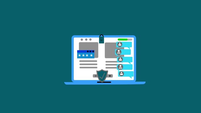 Flat animation of a laptop with a chat sidebar and shield icon