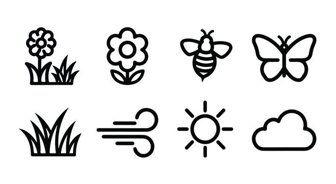 Minimalist nature line icons set, outdoor landscape symbols including mountains and river, 8 black vector elements for travel and environment design