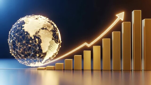 Global Growth and Economic Boom: A stylized globe, interconnected by a network of lights, sits beside a rising bar graph and arrow, symbolizing international economic expansion and financial success.