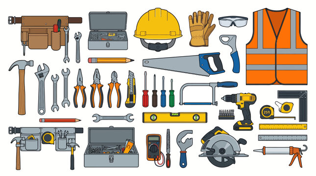 Flat lay of various construction tools and equipment, including a hard hat, safety vest, and power tools, arranged on a clean white background with a focus on industrial supplies.