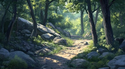 Obraz premium A sunlit forest trail winding through lush green trees and mossy rocks invites exploration and adventure