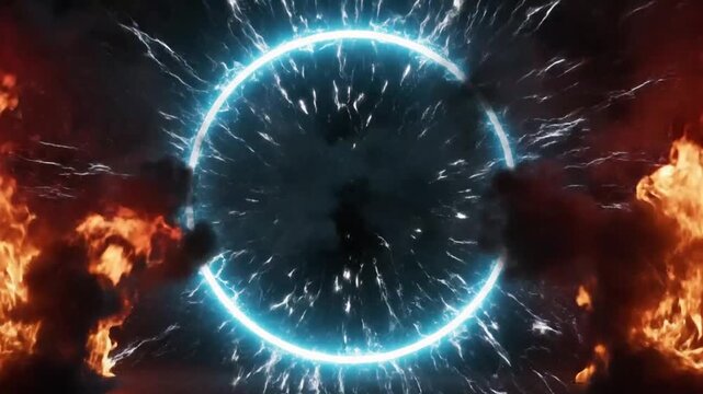 Energetic blue glowing portal with crackling lightning effect and fire explosions in a dramatic dark setting