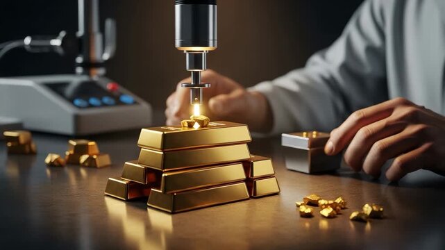 Precision in Gold: A scientist in a lab coat meticulously examines a stack of gleaming gold bars with a specialized tool, surrounded by loose gold nuggets and scientific equipment.