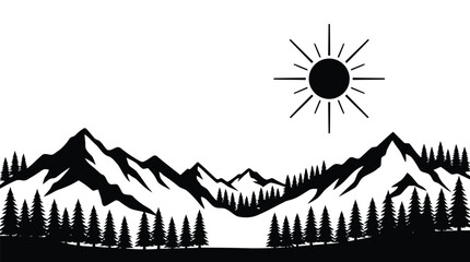 Mountain landscape with pine forest and sun, vector illustration © Emon