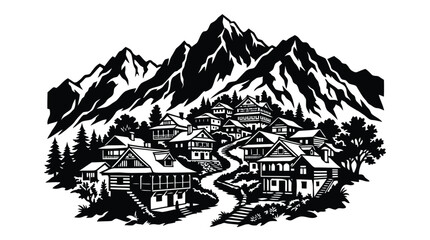 Fototapeta premium Mountain village landscape with traditional wooden houses and pine trees