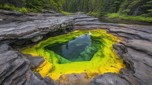 A vibrant toxic algae bloom forming striking green and yellow patches in a small pond surrounded by rocks and a forest background, showcasing nature's unusual beauty.
