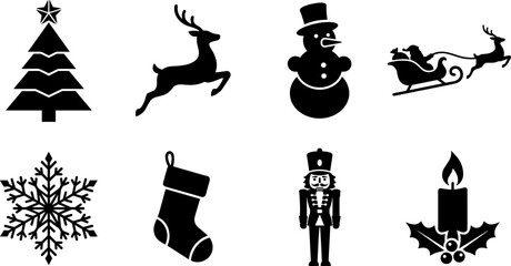 Christmas holiday black silhouette set featuring xmas tree reindeer snowman santa sleigh snowflake stocking nutcracker and burning candle isolated on white background © MstMinara