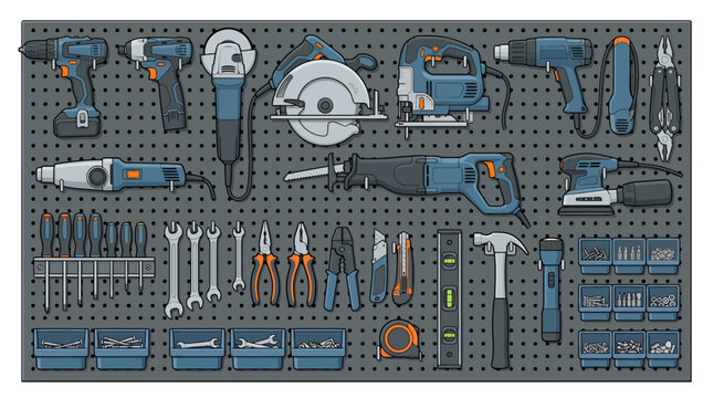 Gray pegboard with various power tools and hand tools neatly organized and displayed.