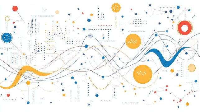 Abstract Data Analytics with Flowing Waveforms and Digital Patterns on a White Background