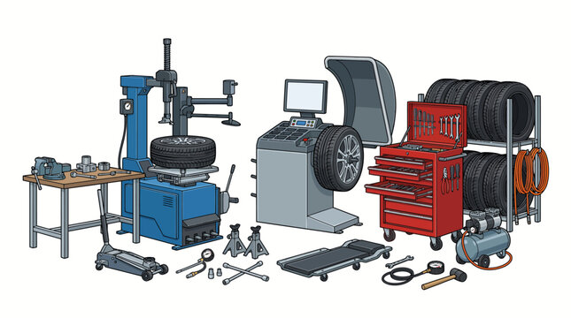 Collection of tire changing equipment and tools on a white background, including a tire changer, wheel balancer, tool chest, and various accessories.
