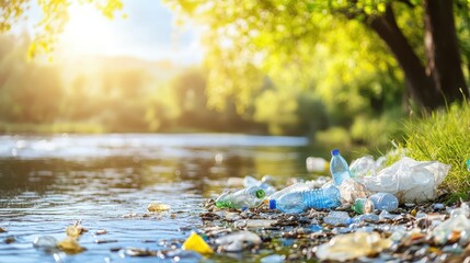 Fototapeta premium Discarded plastic bottles and bags polluting a river bank with bright sunlight filtering through trees