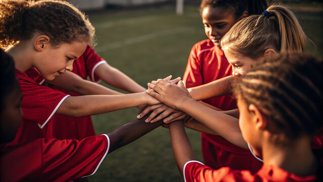 Young athletes holding hands in team huddle before sports match outdoor