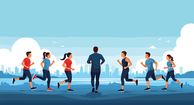 Group of diverse people jogging together on a path with a city skyline in the background for community fitness themes.