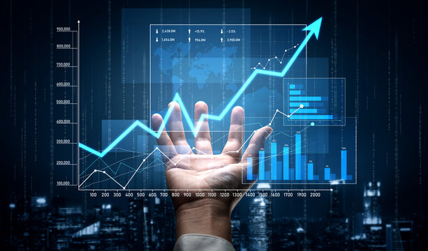 A hand reaches out towards a glowing upward trend graph against a dark city skyline, representing financial growth, data analysis, and future success in business. Scalp