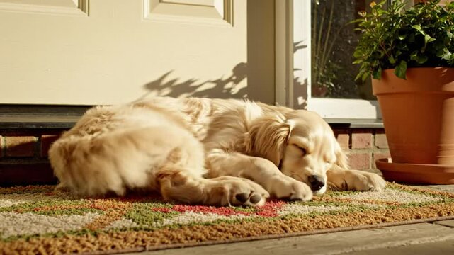 Adorable Golden Retriever sleeping peacefully in the sunshine on a colorful doormat next to a front door.