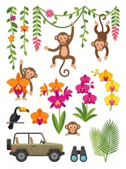 Obraz premium jungle safari element set with cute monkeys, colorful orchids, toucan bird, palm leaves, off-road vehicle and binoculars. tropical wildlife adventure. scrapbooking, invitation, sticker pack.