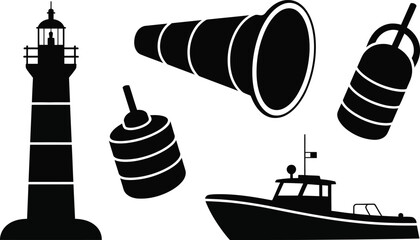 Nautical theme graphic elements including lighthouse buoys and telescope silhouette with nautical, lighthouse © Md Mujahid Fakir