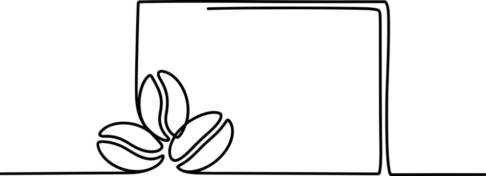 Minimalist single line of three coffee beans placed next to a rectangular frame on a white background