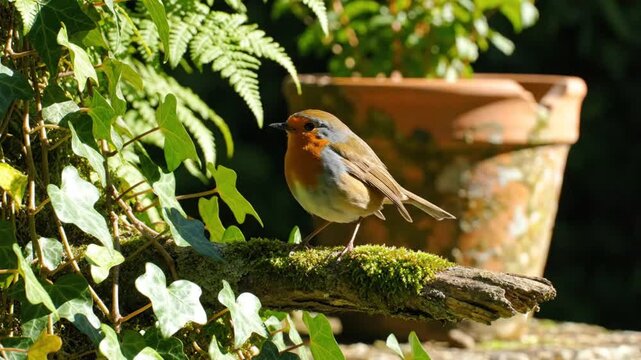 European robin perched on mossy branch, singing with ivy and terracotta pot background, serene nature scene