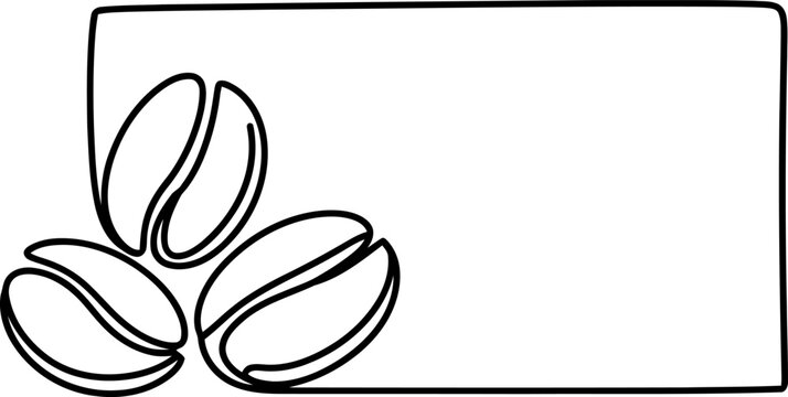Minimalist single line of three coffee beans placed next to a rectangular frame on a white background