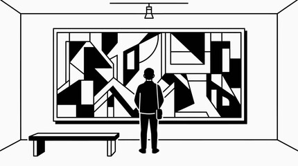 A man stands alone looking at a large abstract art piece in a gallery. © yasmin