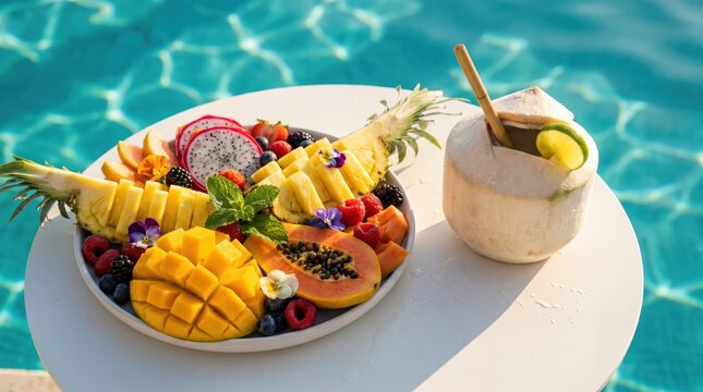 fresh tropical fruit platter with pineapple, mango, papaya and coconut drink by swimming pool. summer vacation relaxation. healthy breakfast at luxury resort. menu, banner, website header.