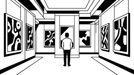 A man stands alone observing artwork in a gallery. © yasmin