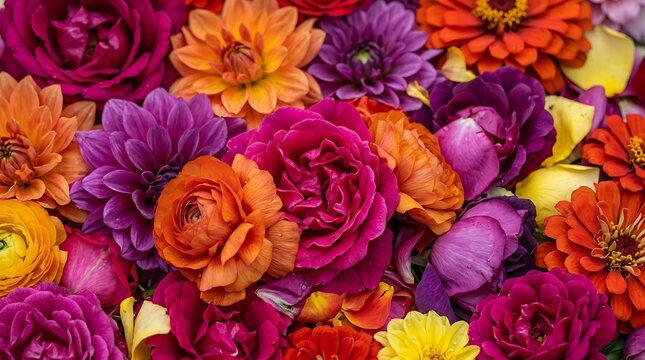 Vibrant Close-Up of Colorful Assorted Flowers Including Roses and Dahlias