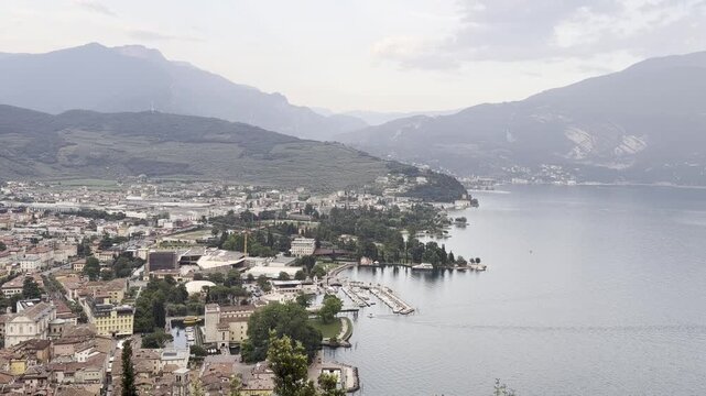Aerial Panorama of Riva del Garda and Lake Garda at Sunset, Trentino, Italy