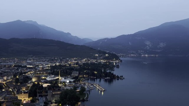 Twilight Panorama of Riva del Garda and Lake Garda Waterfront, Italy