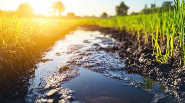 Contaminated agricultural runoff water seeps into muddy riverbanks under bright sunlight, showcasing environmental impact.
