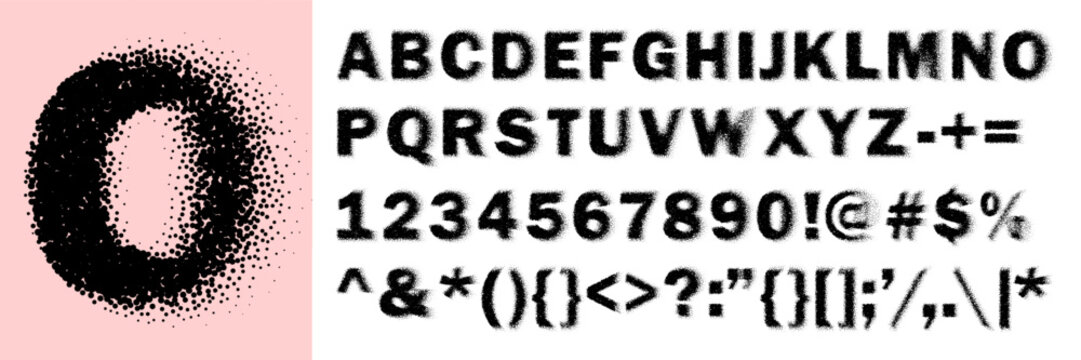 Sprayed font abc, gradient dotted alphabet with noise black figure. Shadow character shape, grainy english symbols and numerals, plus mark. Latin stencil paint of vector round pattern, dust effect