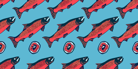Red Salmon Pattern A Repeating Vector Illustration On Blue Background © KrishnaPada