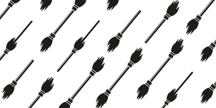 Seamless witch broom silhouette pattern halloween vector repeat