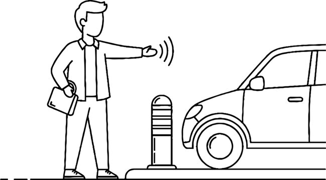 Man using digital parking meter with remote control.