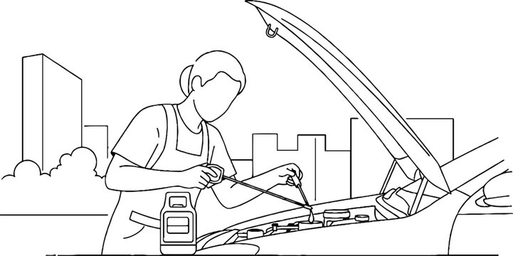 Mechanic inspecting car engine with hood open wide.
