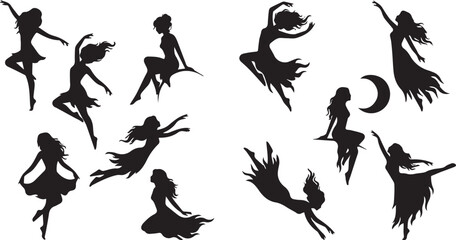Collection of graceful dancing and flying woman silhouettes in flowing dresses, black isolated vectors © Mokbul