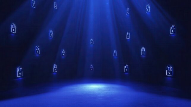 Digital security locks and light beams in a dark blue virtual space, symbolizing online transaction protection and data encryption.