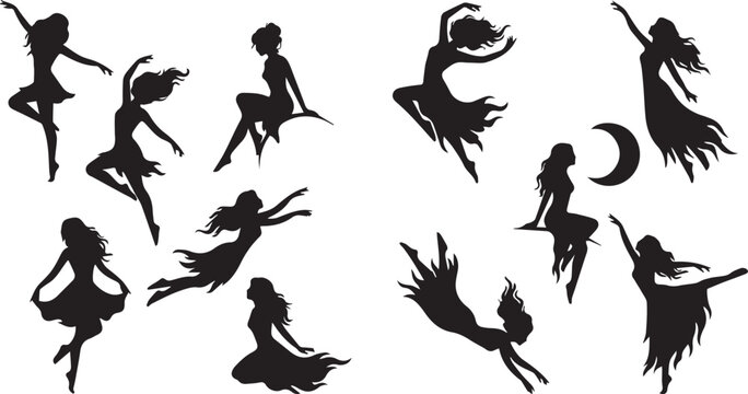 Collection of graceful dancing and flying woman silhouettes in flowing dresses, black isolated vectors