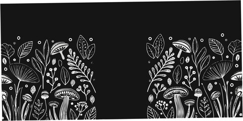 Intricate Mushroom And Foliage Illustration White Linework On Black Background © Arabinda