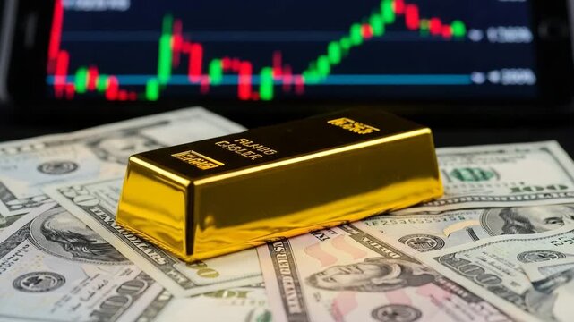 Golden Investment: A gleaming gold bar rests atop a bed of US dollar bills, with a financial stock market graph displayed on a tablet screen in the background, symbolizing wealth and financial growth.