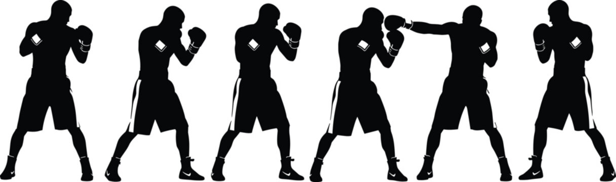 Creative sequence of boxing jab silhouettes, symbolizing athletic technique, combat sports training, motion progression, and modern dynamic design concepts